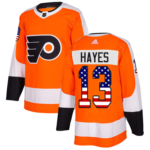 Cheap Adidas Men Philadelphia Flyers 13 Kevin Hayes Orange Home Authentic USA Flag Stitched NHL Jersey